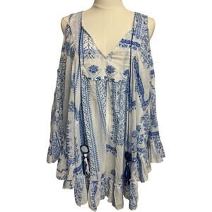 NWT ASOS‎ Blue White Cover Up Dress Cold Shoulder Tassle US 6/UK 10 Greece Beach